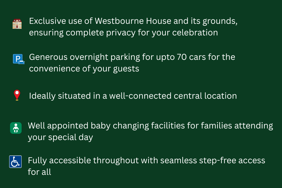 Five features of Westbourne House: exclusive use, up to 70 car parking spaces, central location, baby changing facilities, and full accessibility across the venue.