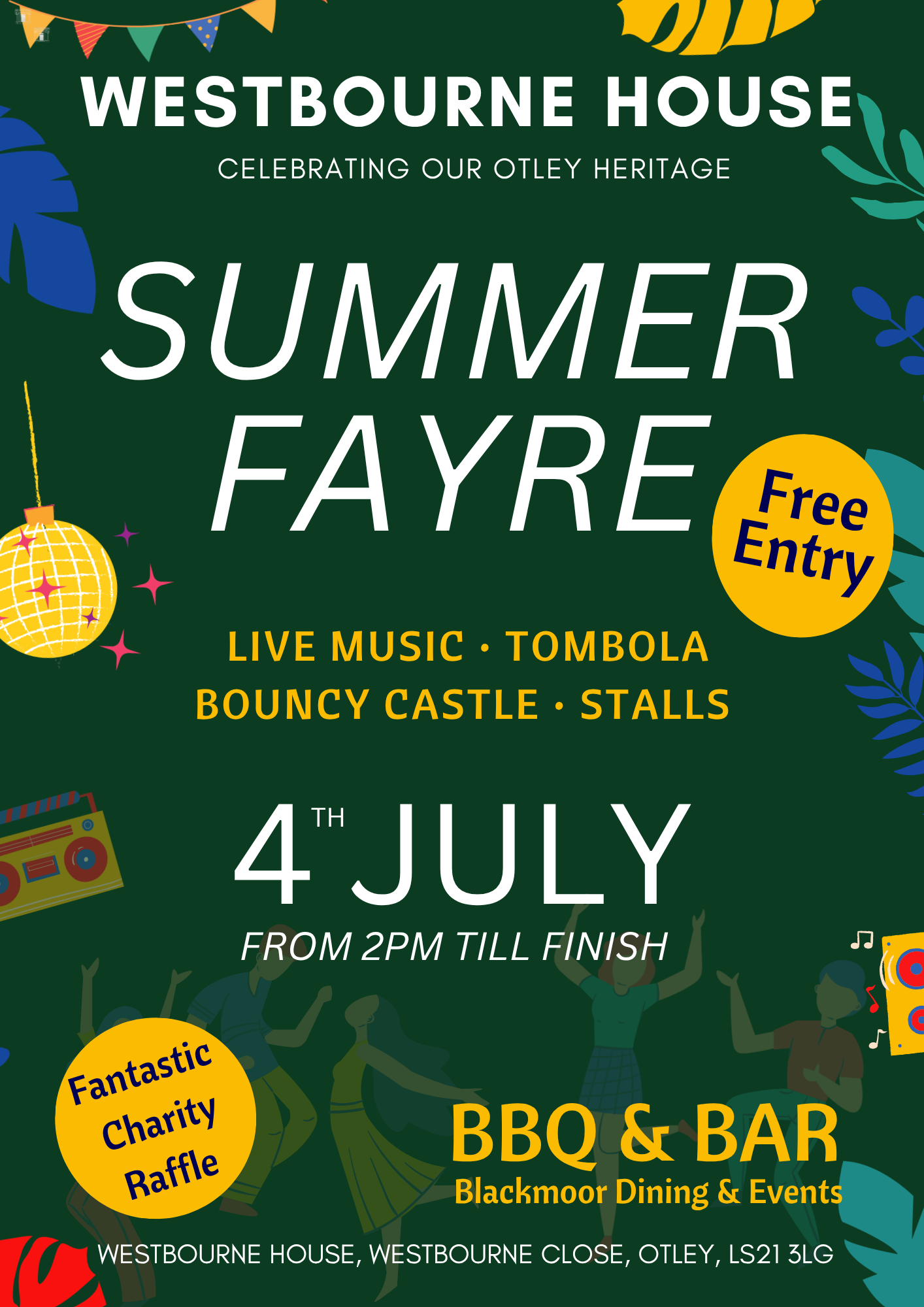 Poster for Westbourne House Summer Fayre with free entry and activities like live music, tombola, stalls on 4 July (2pm till finish).